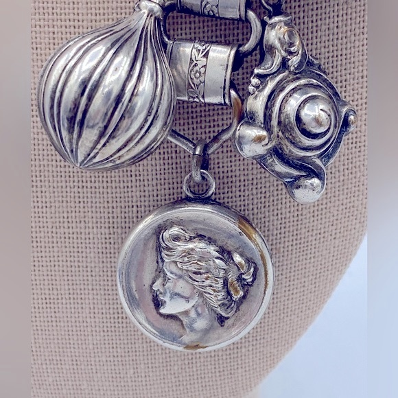 Vintage SilverTone Dangling Charm And Locket Brooch Very Unique 4 1/2” Long - Picture 2 of 9